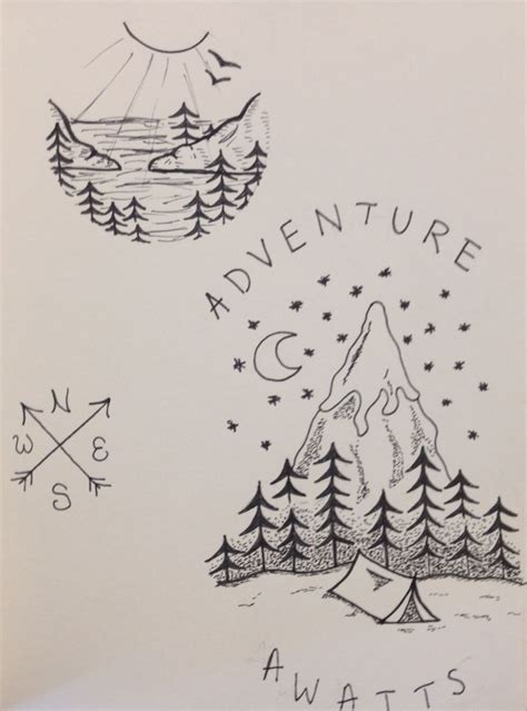 Some Drawings On Paper With Trees And Mountains In The Background That