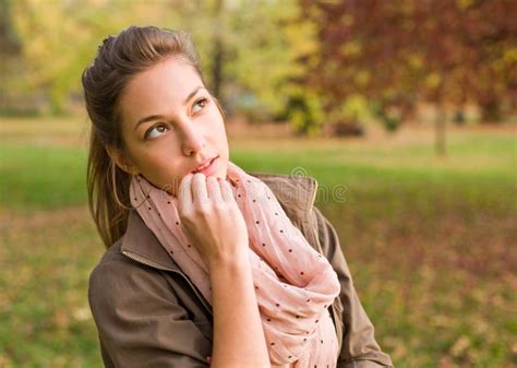 Beautiful Brunette With Thoughtful Expression Stock Photo Image Of Autumn Caucasian