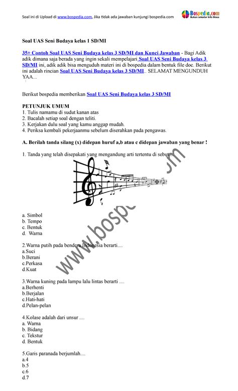 Contoh Soal UAS Seni Budaya Kelas 3 SD MI Dan Kunci Jawaban Berikut