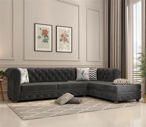 Henry L Shape Right Aligned Corner Sofa Velvet Graphite Grey Online In India Wooden Street