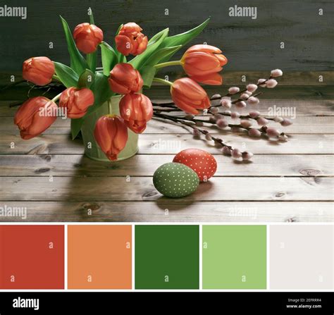 Color Matching Palette From Image Of Red Tulips Easter Eggs And Pussy Willow Twigs Springtime