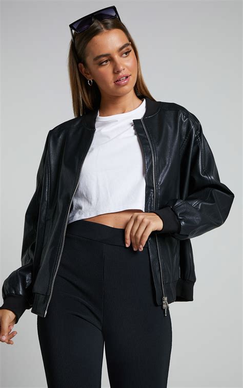 Edzelith Faux Leather Bomber Jacket in Black | Showpo