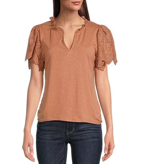 Democracy Ruffled Split V Neck Embroidered Sleeve Side Ruched Mixed