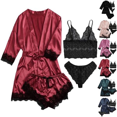 Pieces Woman Sleepwear Pajamas Ser With Robe Sexy Lace Lingerie Bathrobe Silk Satin Home