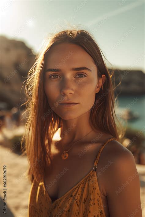 Portrait Of Natural Blonde Woman With Long Hair Girl Looking At The Camera AI Generative Stock