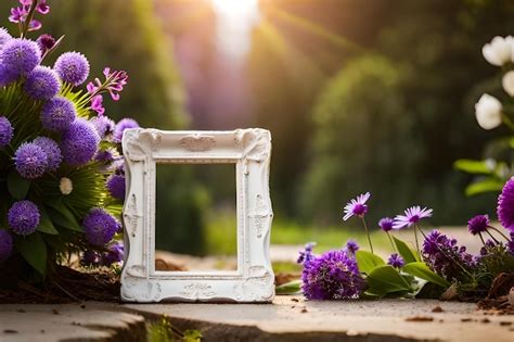 Premium AI Image | Flowers in the garden with a wooden frame