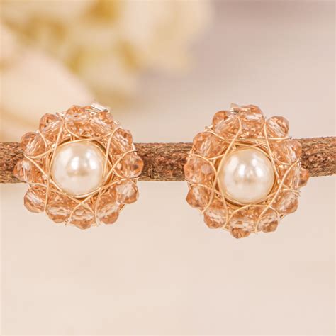 Brinco Bordado A M O Cristais Nude E P Rola Abs Folheado Em Ouro K Magrini Joias