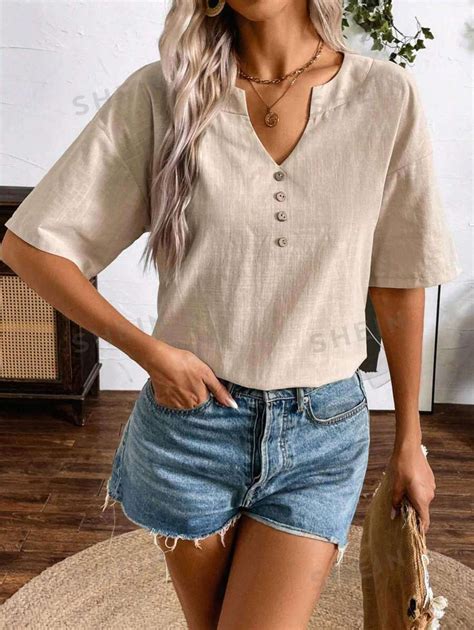 Shein Joress Camisa De Mujer De Cuello En V Con Muesca Casual Con