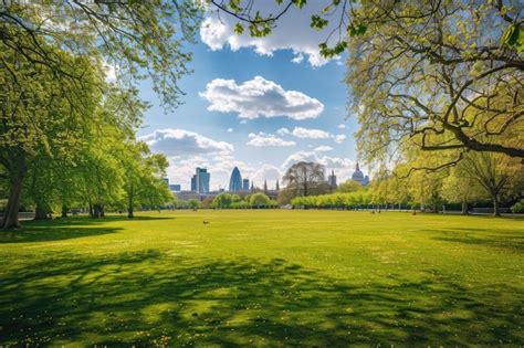 London Park Sunny Spring Day In Greenwich Park With Blue Skies And City