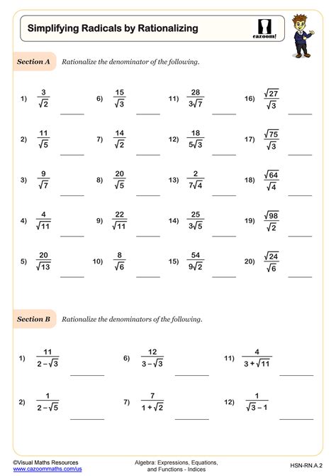 Simplifying Radical Expressions Involving Fractions Worksheets