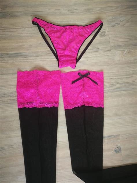 Sissy Lingerie Stocking Set In Black Trimmed With Hot Pink Lace