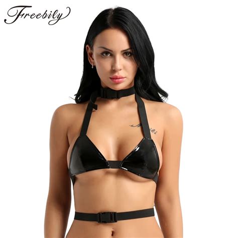 Summer Pu Leather Crop Top Sexy Buckle Top V Neck Halter Tank Top Women