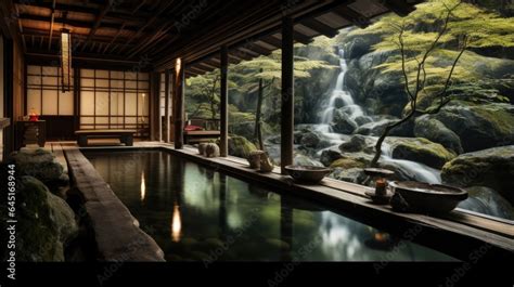 Japanese Hot Springs Onsen Natural Bath Onsen Ryokan A Small Waterfall Outside Japanese Open
