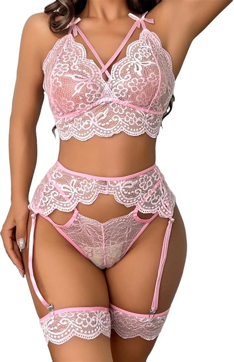 NEWEVEN Garter Lingerie Set For Women Floral Lace High Waisted Garter Belt Bra And Panty