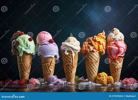 Different Ice Cream In Waffle Cups Generative Ai Technology Stock