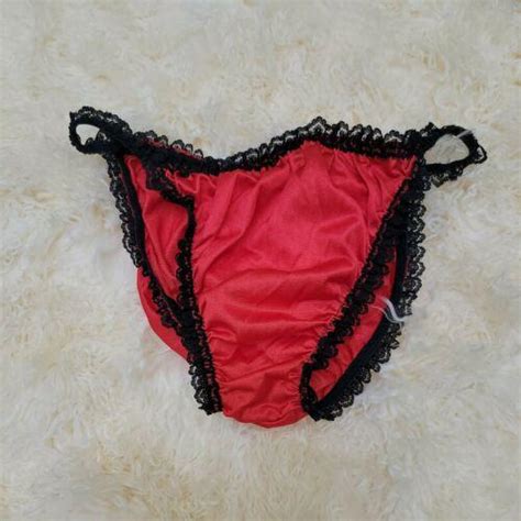 Vintage Sexy Nylon Red Bikini Panties Black Lace Trim