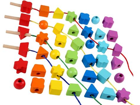 Rainbow Beaded Wooden Blocks With 4 Different Geometric Shapes