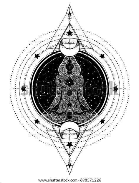 Silueta ornamentada de mujer sentada en pose de loto y Geometría