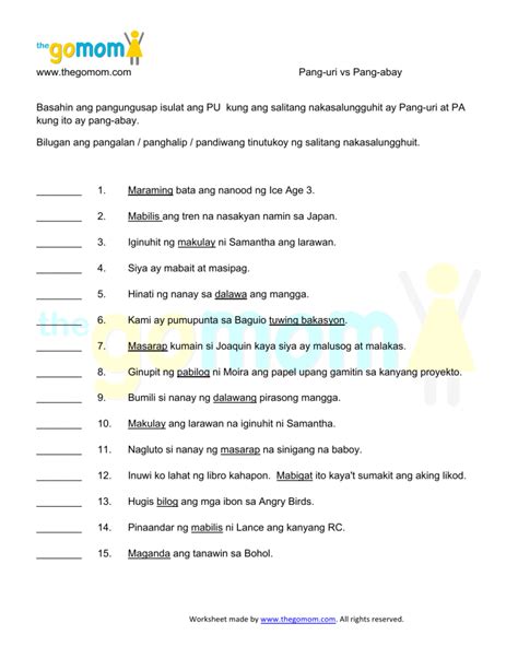 pang uri  pang abay worksheet adjectives adverbs
