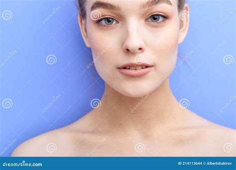 Close Up Portrait Of Naked Shirtless Female With Fresh Sking Look At Camera Stock Photo Image