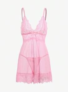 Seduluxe Lace Panel Bow Front Babydoll Sexy Lingerie Dress Thong