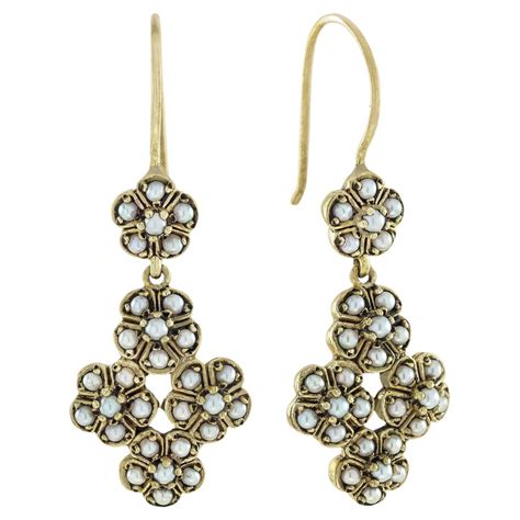 Natural Pearl Ruby Diamond Vintage Style Floral Earrings in Solid 9K