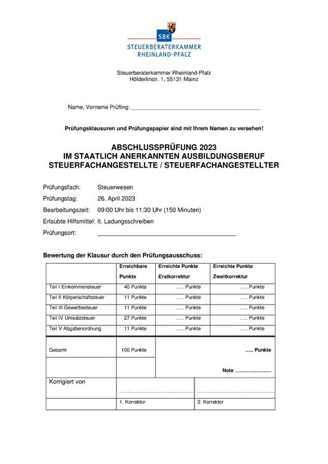 ASP2023 Klausur Steuerwesen Steuerberaterkammer Rheinland Pfalz