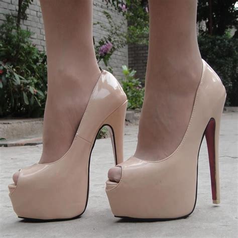 Nude Patent Platform Peep Toes Beige Heels Heels Pantyhose Heels