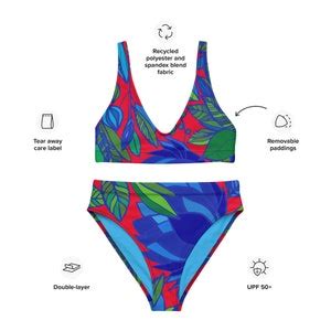 Tropical Red Floral High Waisted Bikini Etsy