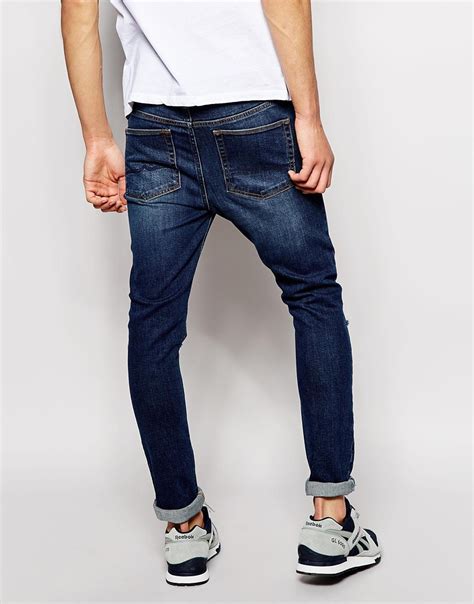 Asos Super Skinny Jeans With Knee Rips In Blue For Men Lyst