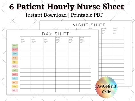 Nurse to Do List, 6 Patient Hourly Nurse Report Sheet, Day & Night ...