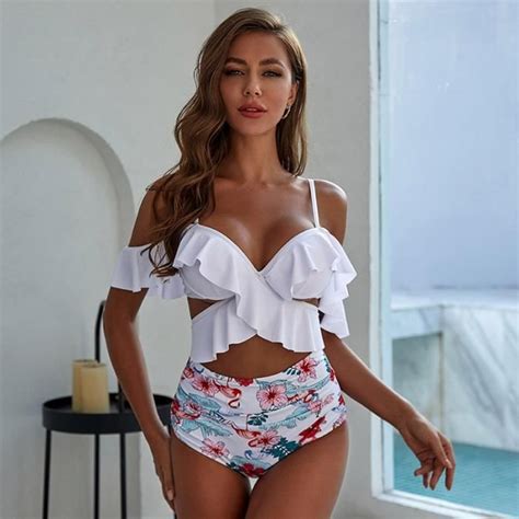 MAILLOT DE BAIN Bikini fleuri à volants pour femmes maillot sexy avec lanière croisée et