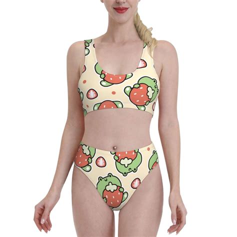 Haiem Frog Hold Strawberry Women S High Waisted Bikini Set Two Piece Bathing Suits High Cut