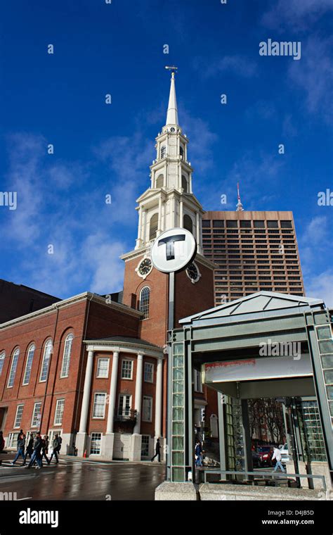 Full View Of Park Street Train Station With Church And Blue Sky Behind