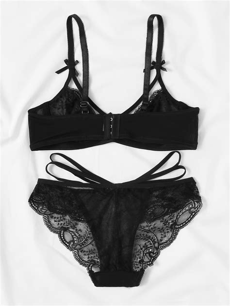 Harness Detail Bow Tie Lace Lingerie Set SheIn Sheinside