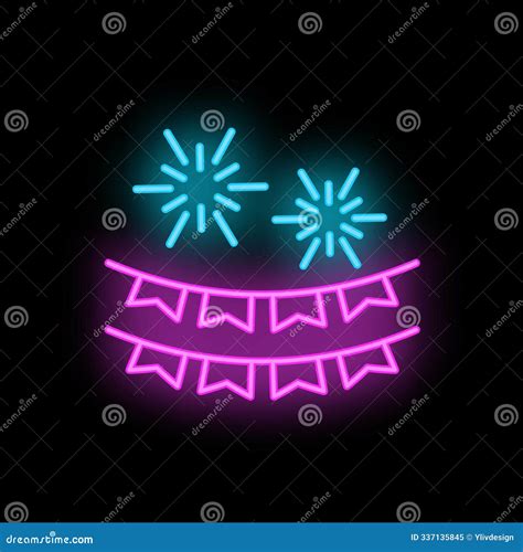 Neon Sign of Fireworks Exploding Over Festive Bunting for Holiday