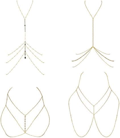 JeryWe 4Pcs Körperketten Set Für Damen Frauen Mädchen BH Bikini Körper Kette Halskette Schmuck
