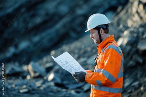 Engineer miner wearing a helmet with blueprints at the mining site ...