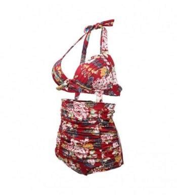 Vintage Women S Two Piece Swimsuit Floral Halter High Waist Bikini Swimsuit Red Peony