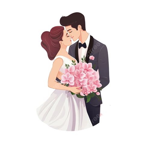 Linda Caricatura Joven Pareja De Novios Con Ramo De Orquídeas