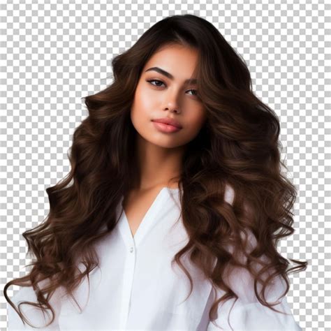 Premium PSD Gorgeous Hispanic Brunette Girl In White Clothes With Long Wavy Hair Posing On