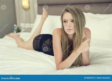 Beautiful Blonde Woman In Black Lingerie Stock Image Image Of Bare Lying 48465157