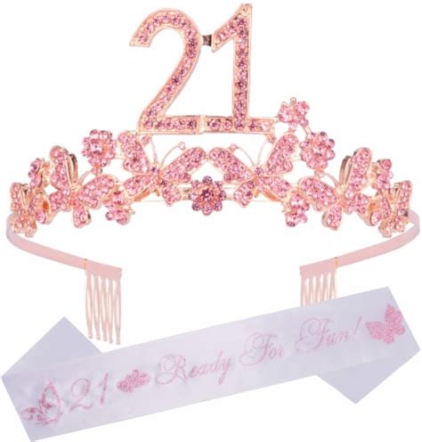 DORADREAMDEKO Silver 21st Birthday Sash Tiara Set Glitter Sash