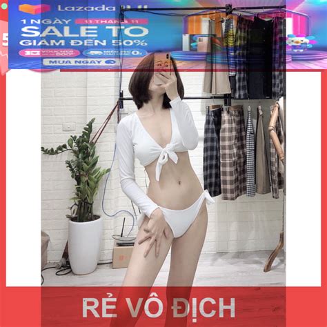 Quần áo bơi nữ Bikini mảnh áo dài tay màu trắng cột nơ mix quần cạp thấp sexy Lazada vn