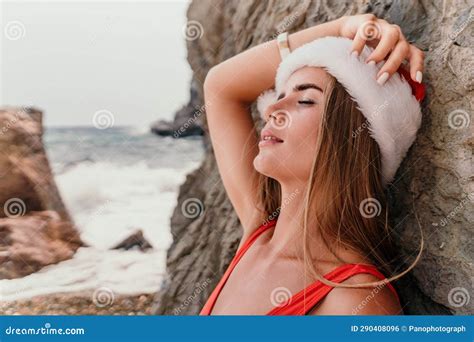 Woman Summer Travel Sea Happy Tourist In Red Bikini And Santas Hat