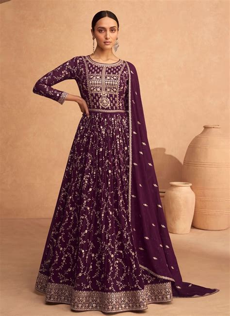 Shop Wine Georgette Embroidered Anarkali Gown Party Wear Online At Best