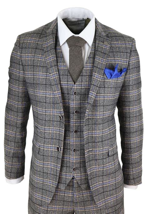 Mens Piece Tweed Check Suit Herringbone Vintage Smart Etsy