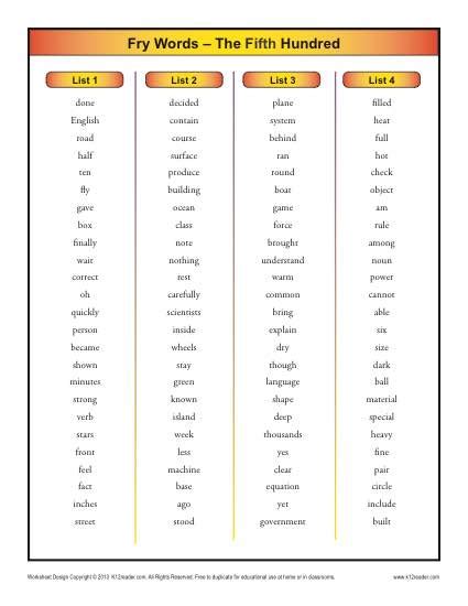 Here S The Fifth One Hundred Of The 1 000 Fry Words Fry Words List