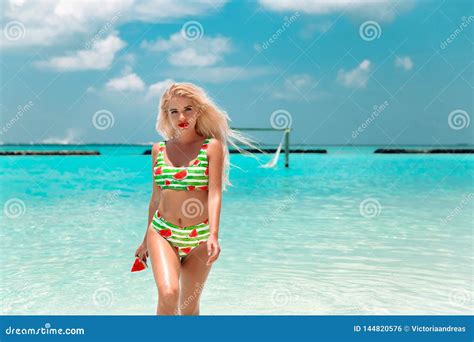Attractive Woman In Fashionable Bikini On Tropical Beach Pretty Slim Girl Posing On Exotic
