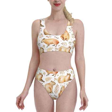 High Waisted Bikini Sets For Women Capybara Leaf Print Piece Sporty Bathing Suit Swim Suits